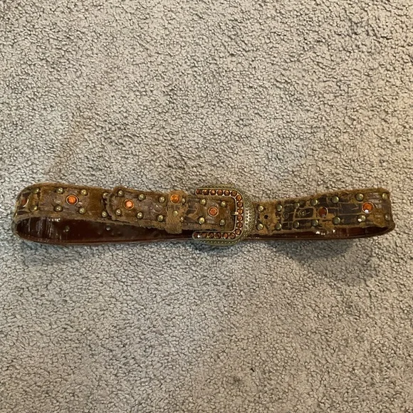 Vintage Brown Crystal Gem Croc Studded Dress Moto Biker Western Belt Y2K sz S/M - Picture 8 of 8